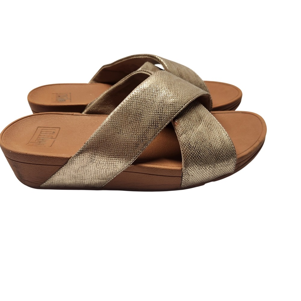 FitFlop Lulu Cross Slide Sandals Gold Metallic Textured Leather Womens Size 8